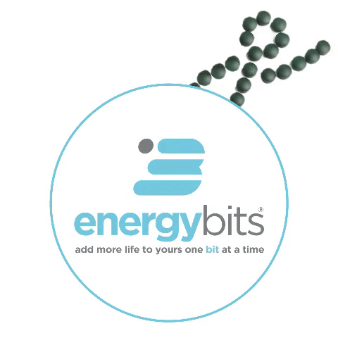 ENERGYbits logo with waving stick figure made of algae tablets